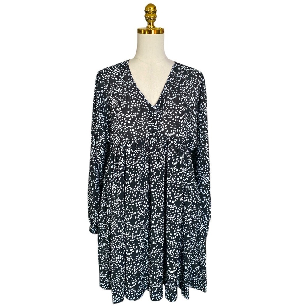 Umgee Long-Sleeve V-neck Relaxed Dainty Print Mini Babydoll Dress Women’s Size M